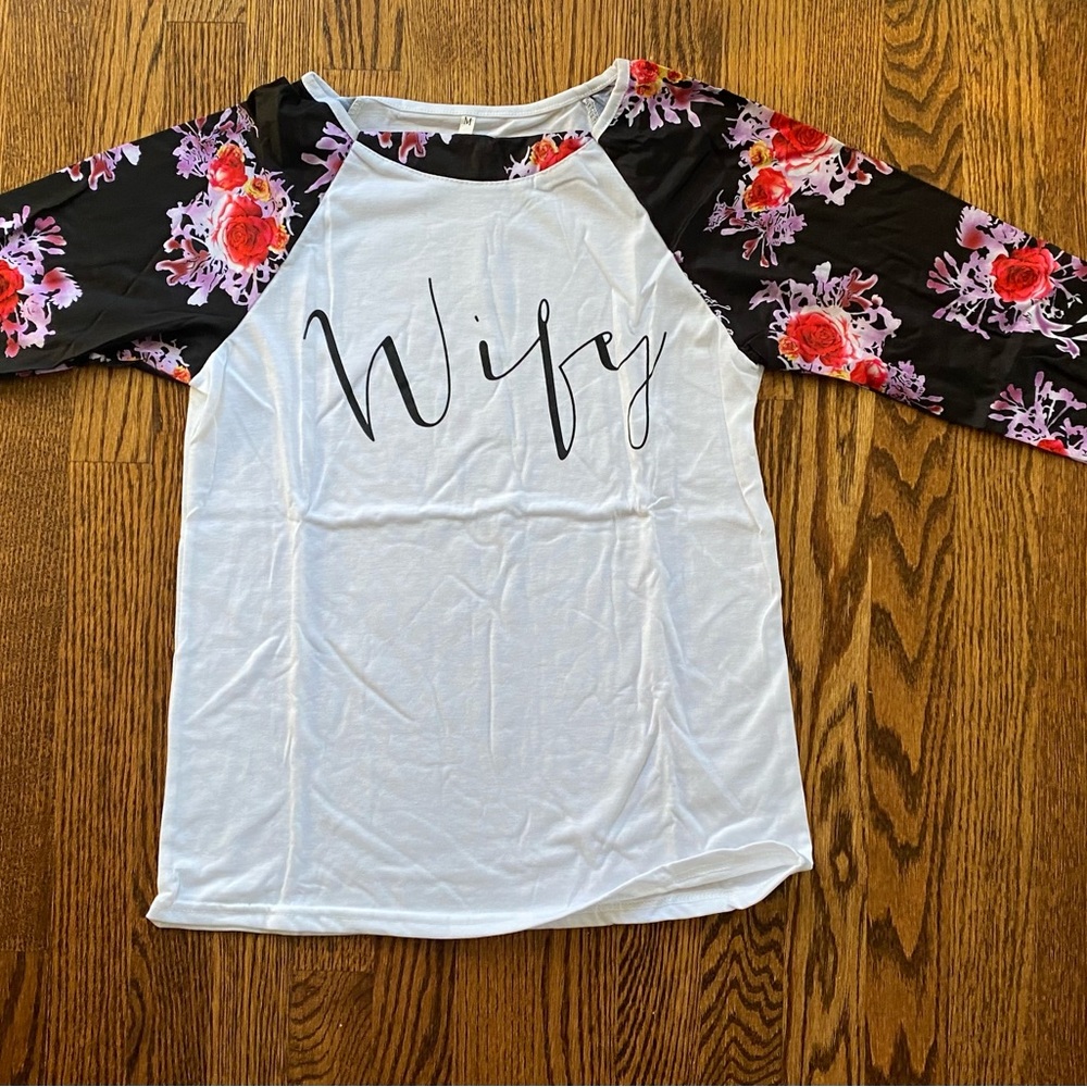 Women’s “Wifey” Cotton Henley Shirt with Floral Long Sleeves